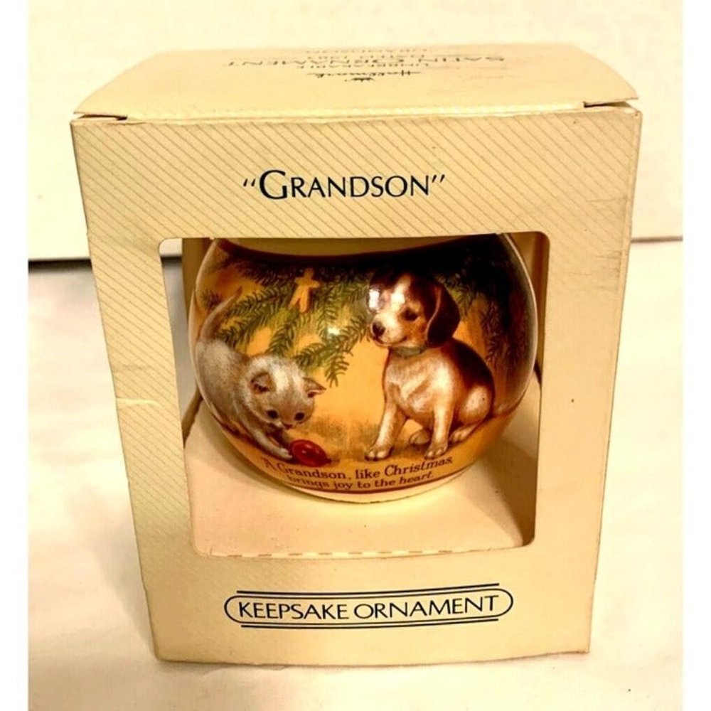 1983 HALLMARK "GRANDSON" SATIN CHRISTMAS ORNAMENT UNBREAKABLE VINTAGE NEW IN BOX